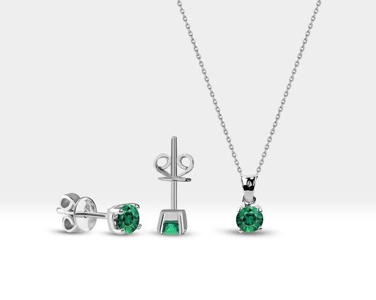 Jewelry Emerald Necklace and Stud Earrings Set in 14K Solid Gold