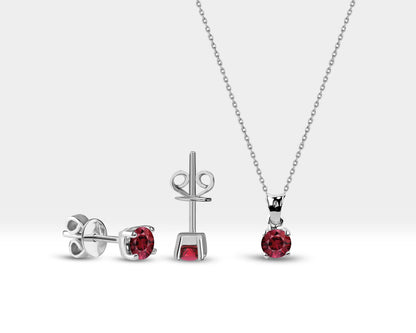 Jewelry Ruby Set Necklace and Earrings Set for Women, Solitaire Ruby 14K Solid Gold Set