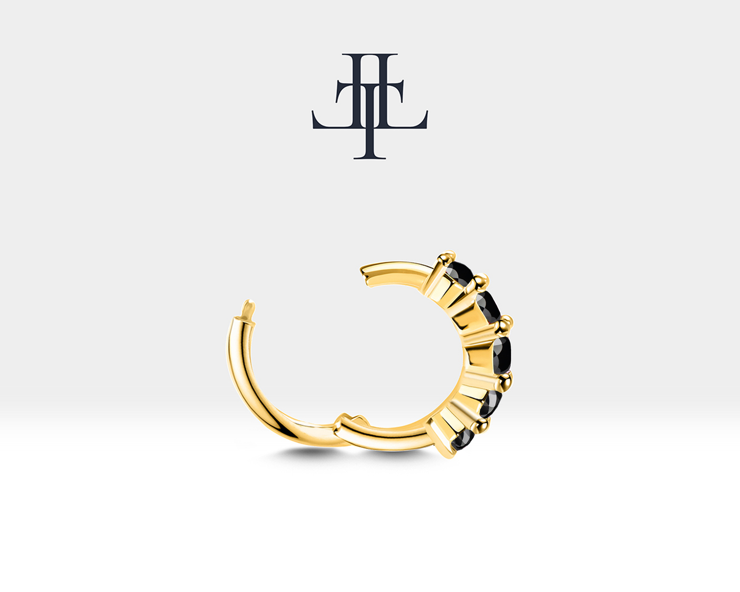 Cartilage Hoop Earring with Five Black Diamond Design Earring in 14K Yellow Solid Gold Earring