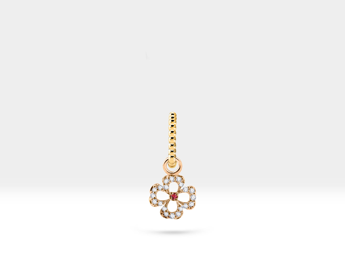 Dainty Flower Hoop Earrings,Diamond&Ruby Flower Dangle,14K Yellow Solid Gold,Beads Shank Hoop Earring