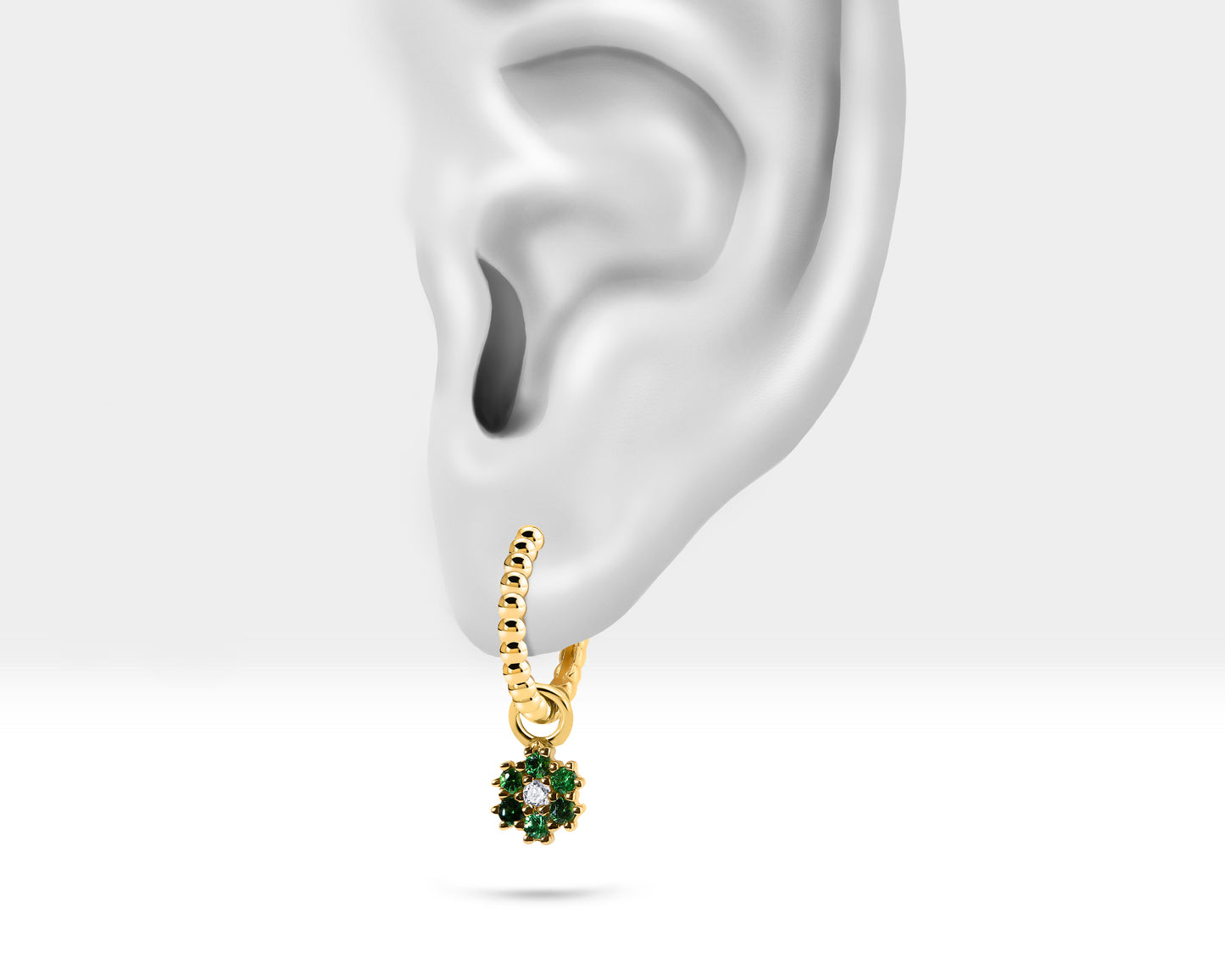 Dainty Flower Shaped Charm Hoop Earrings,Diamond&Green Garnet Flower Dangle,14K Yellow Solid Gold Earring