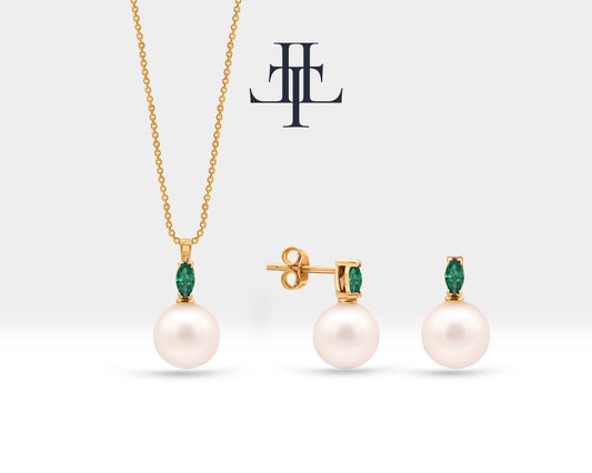 Marquise Necklace and Earrings Set in 14K Solid Gold Pearl Necklace Earring Set for Bridal Jewelry Set with Marquise Cut Emerald