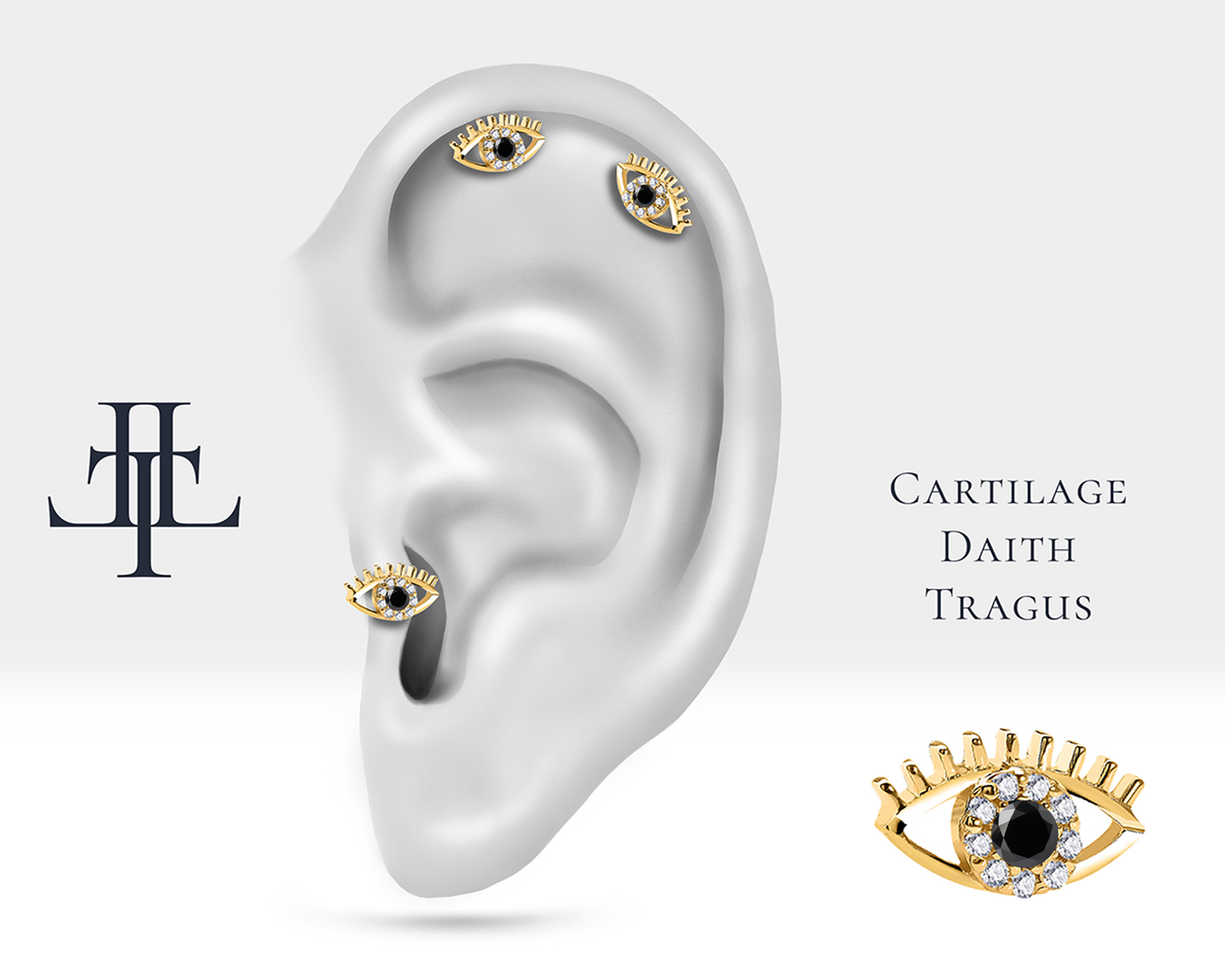 Evil Eye Cartilage Tragus Piercing with Black Diamond Flat Back Piercing in 14K Solid Gold Single Piercing 16G