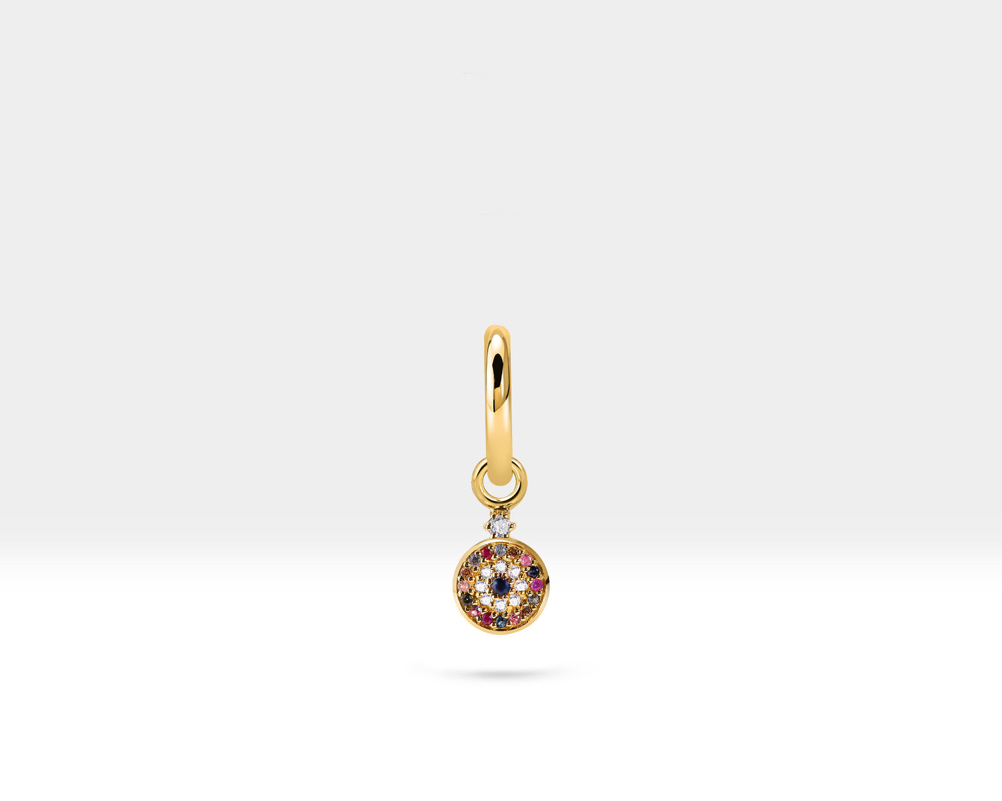 Hoop Earring,14K Yellow Solid Gold,Evil Eye Design Diamond& Mix Sapphire Earring