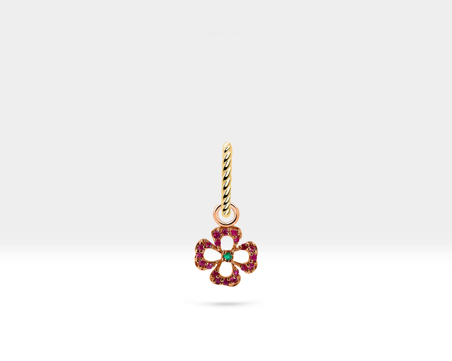 Dainty Flower Hoop Earrings,Ruby&Green Garnet Flower Dangle,14K Yellow Solid Gold