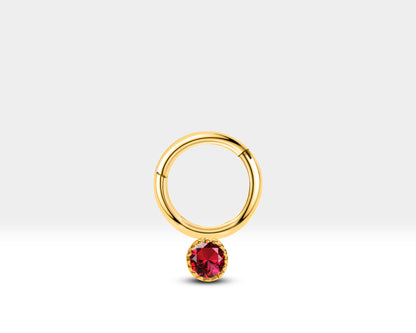 Tragus Hoop Clicker Piercing with Red Ruby in 14K Solid Gold Helix Hoop | 10 mm Outer