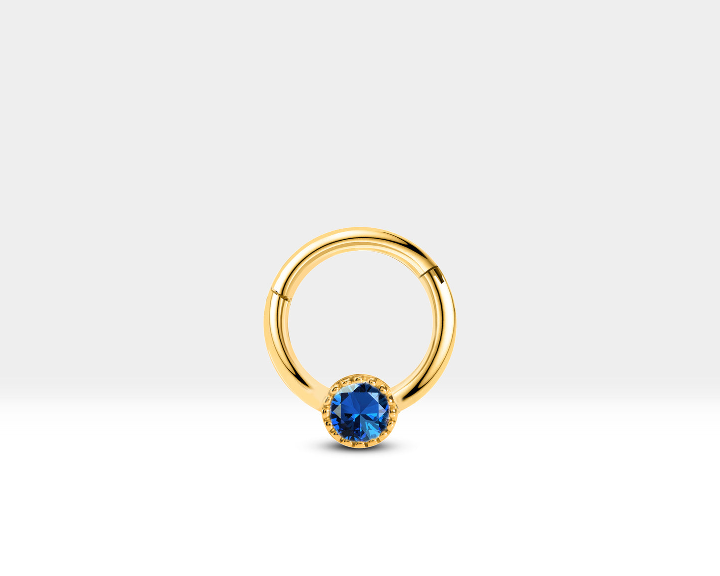 Cartilage Hoop Clicker Piercing with Blue Sapphire in 14K Solid Gold Daith Hoop | 10 mm Outer