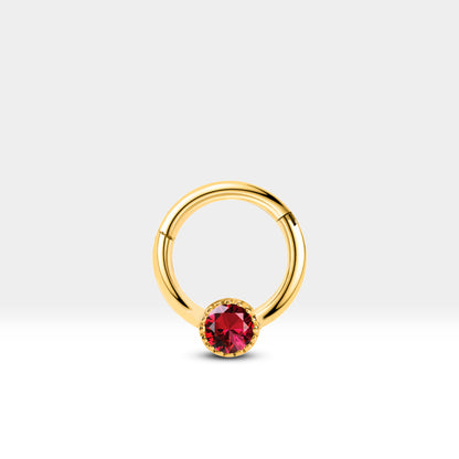 Daith Hoop Clicker Piercing with Natural Ruby in 14K Solid Gold Helix Hoop | 10 MM Outer