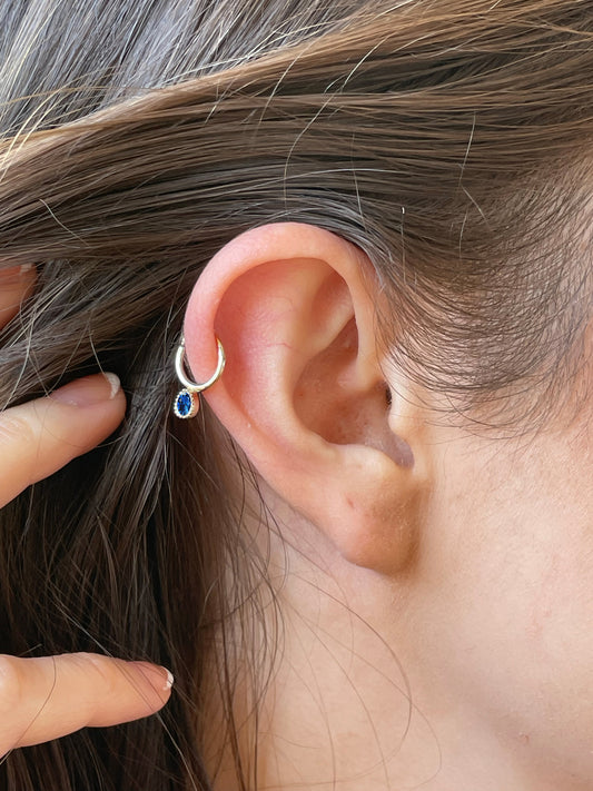 14K Solid Gold Daith Hoop Clicker Piercing with Blue Sapphire Helix Hoops | 10 MM Outer