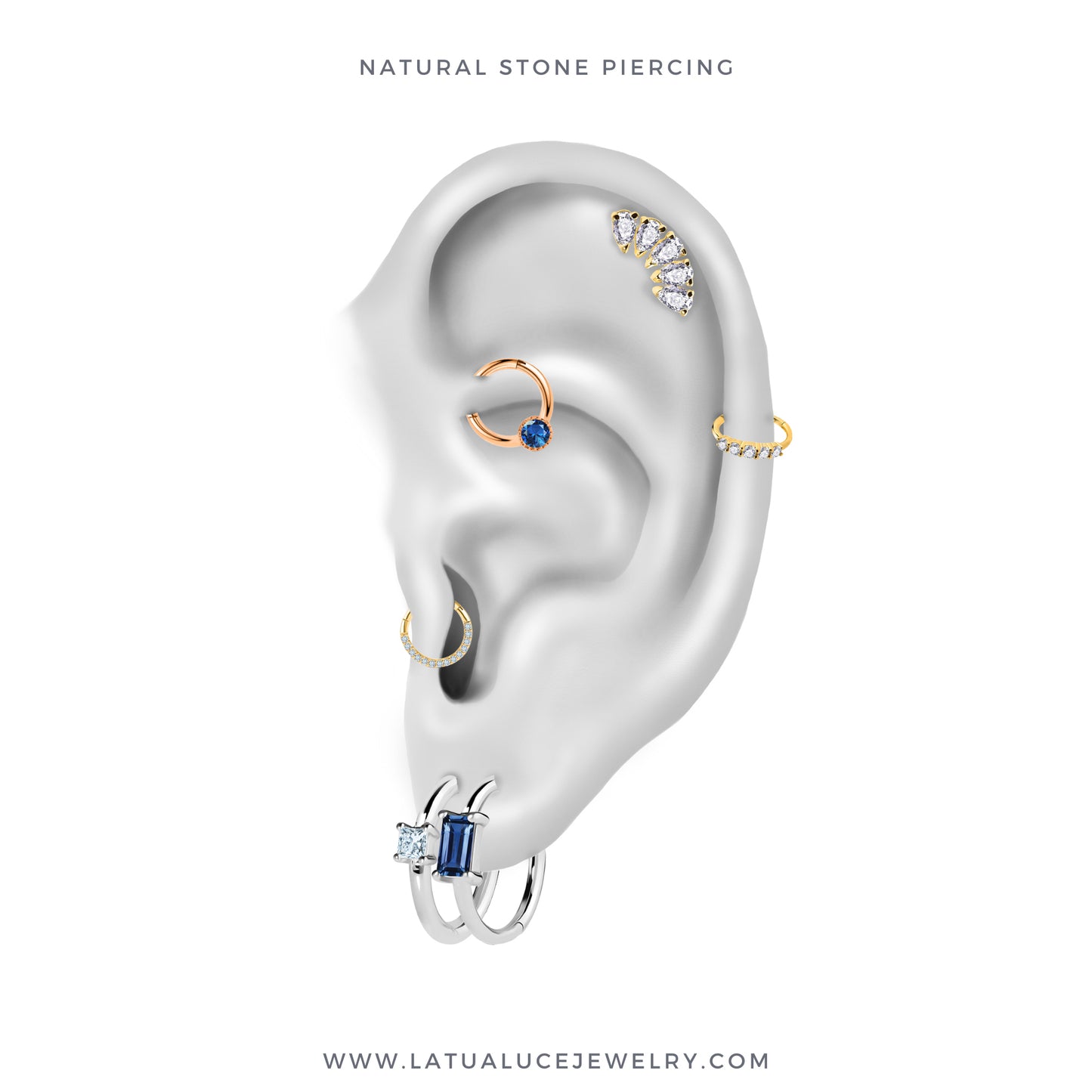 Cartilage Hoop Clicker Piercing with Blue Sapphire in 14K Solid Gold Daith Hoop | 10 mm Outer