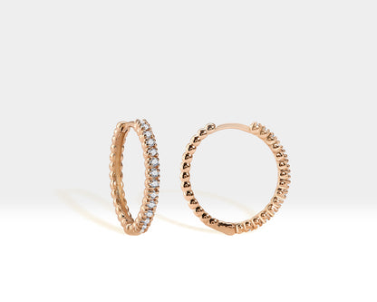Diamond Hoop Beads Shank Earrings / 14k Solid Gold Large Medium Small Diamond Huggies Earrings / Diamond Hoop Earrings