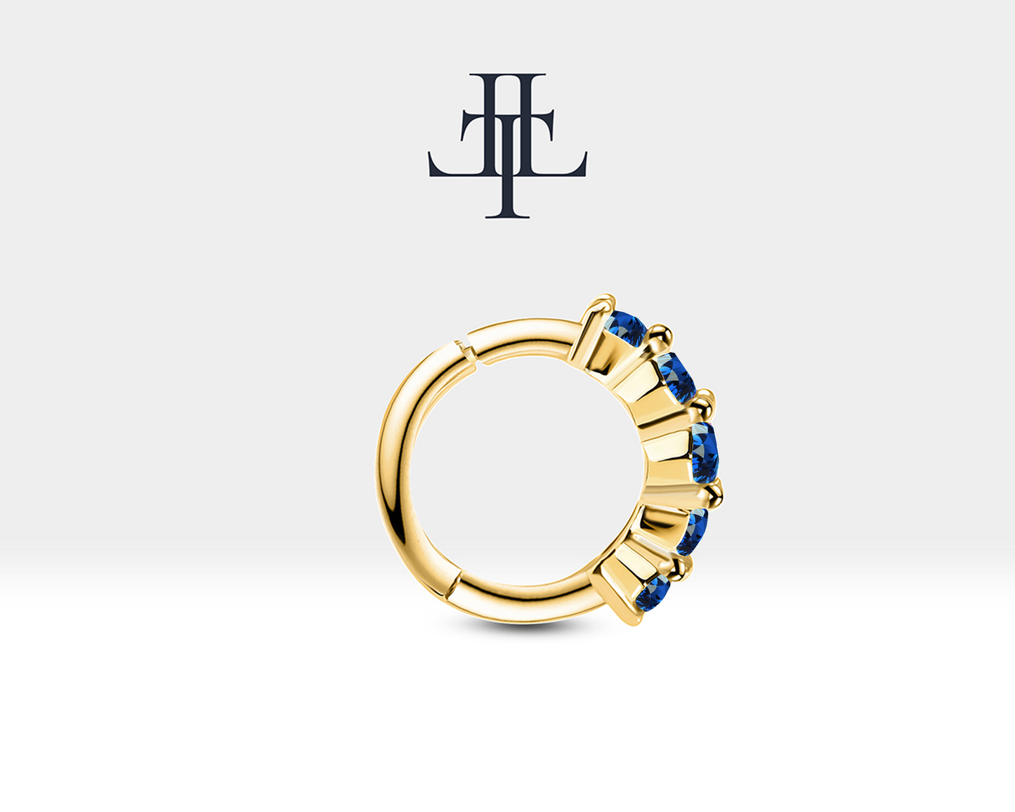 Cartilage Hoop Huggies Earring with Five Sapphire Earring in 14K Yellow Solid Gold Prong Setting Earring