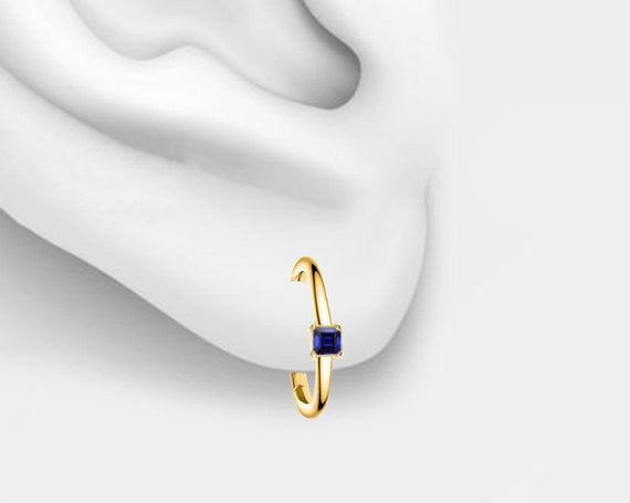 Cartilage Hoop Princess Cut Sapphire Clicker in 14K White-Yellow-Rose Solid Gold 18G 12 mm Clicker / LE00020S