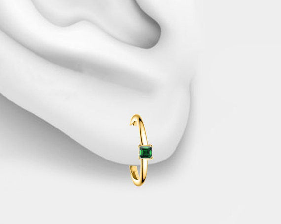 Cartilage Hoop Princess Cut Emerald Clicker in 14K White-Yellow-Rose Solid Gold 18G 12 mm Clicker / LE00020E