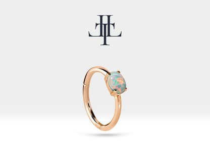 Cartilage Hoop Oval Cut Opal Earring 14K Yellow White Rose Solid Gold ,16G