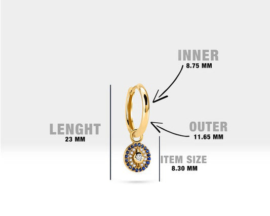 Hoop Earring,14K Yellow Solid Gold,Evil Eye Design Diamond&Sapphire Earring,Dainty Hoop Earrings