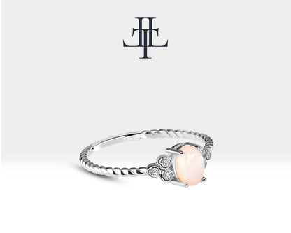 Drop Opal and Diamond Bract Desing 14K  Gold Handmade Ring