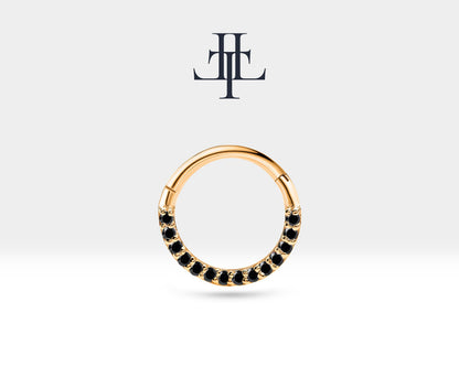Cartilage Hoop Sequencing Design Black Sapphire Clicker Piercing 14K Yellow White Rose Solid Gold 16G(1.2mm) 10-12mm Outer | LC00002BS