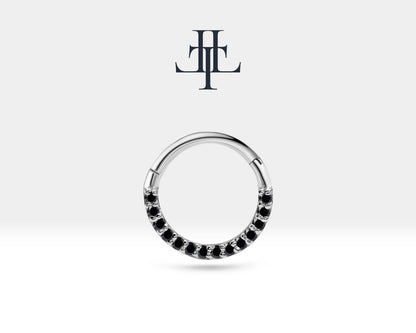 Cartilage Hoop Sequencing Design Black Sapphire Clicker Piercing 14K Yellow White Rose Solid Gold 16G(1.2mm) 10-12mm Outer | LC00002BS