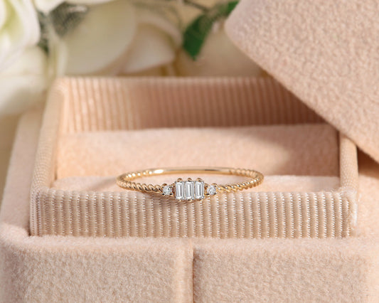 Twisted Band Baguette and Round Cut Diamond Ring,14K Yellow Solid Gold, Wedding Engagement Ring, Anniversary Gift, Christmas Gifts | LR00048D
