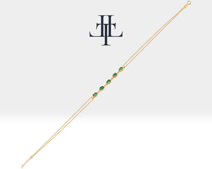Dainty Everyday Bracelet with Oval cut Emerald and Tiny Diamond Bracelets in 14K Solid Gold Bracelet for Women