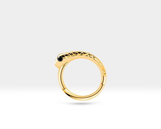 Cartilage Hoop Snake Design Black Diamond Clicker Piercing,14K Yellow Solid Gold,16G(1.2)