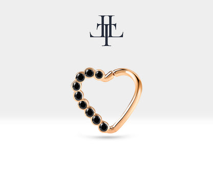 Cartilage Heart Clicker,Round Cut Black Diamond Heart Clicker,Single Earring Charm,14K Yellow White Rose Solid Gold,16G
