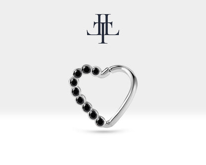 Cartilage Heart Clicker,Round Cut Black Diamond Heart Clicker,Single Earring Charm,14K Yellow White Rose Solid Gold,16G