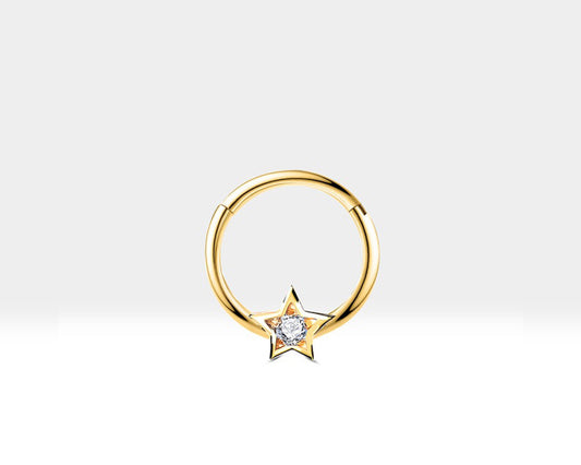 Cartilage Hoop  Round Cut Diamond Star Clicker,Single Earring,14K Gold,16G