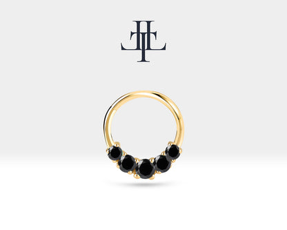 Cartilage Hoop with Five Round Cut Black Diamond Clicker Minimalist Hoops in 14K White-Yellow-Rose Solid Gold,16G