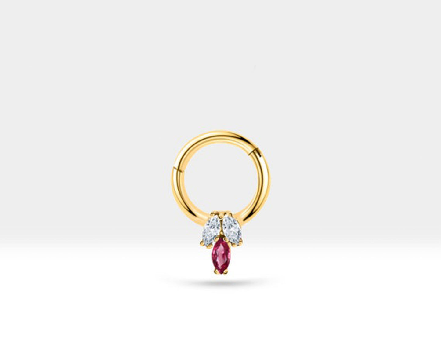 Cartilage Hoop Piercing,Marquise Cut Diamond and Ruby Clicker,Single Earring,14K Solid Gold,16G(1.2mm),10mm Outer