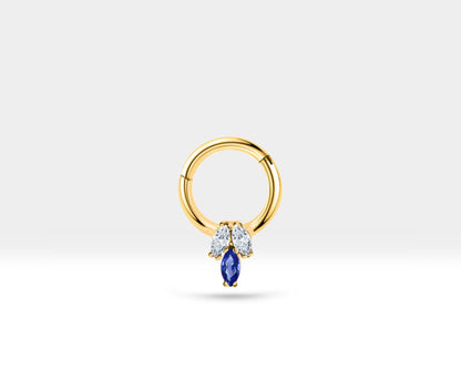 Cartilage Hoop Piercing,Marquise Cut Diamond and Sapphire Piercing,Single Earring,14K White Yellow Rose Solid Gold,16G(1.2mm)