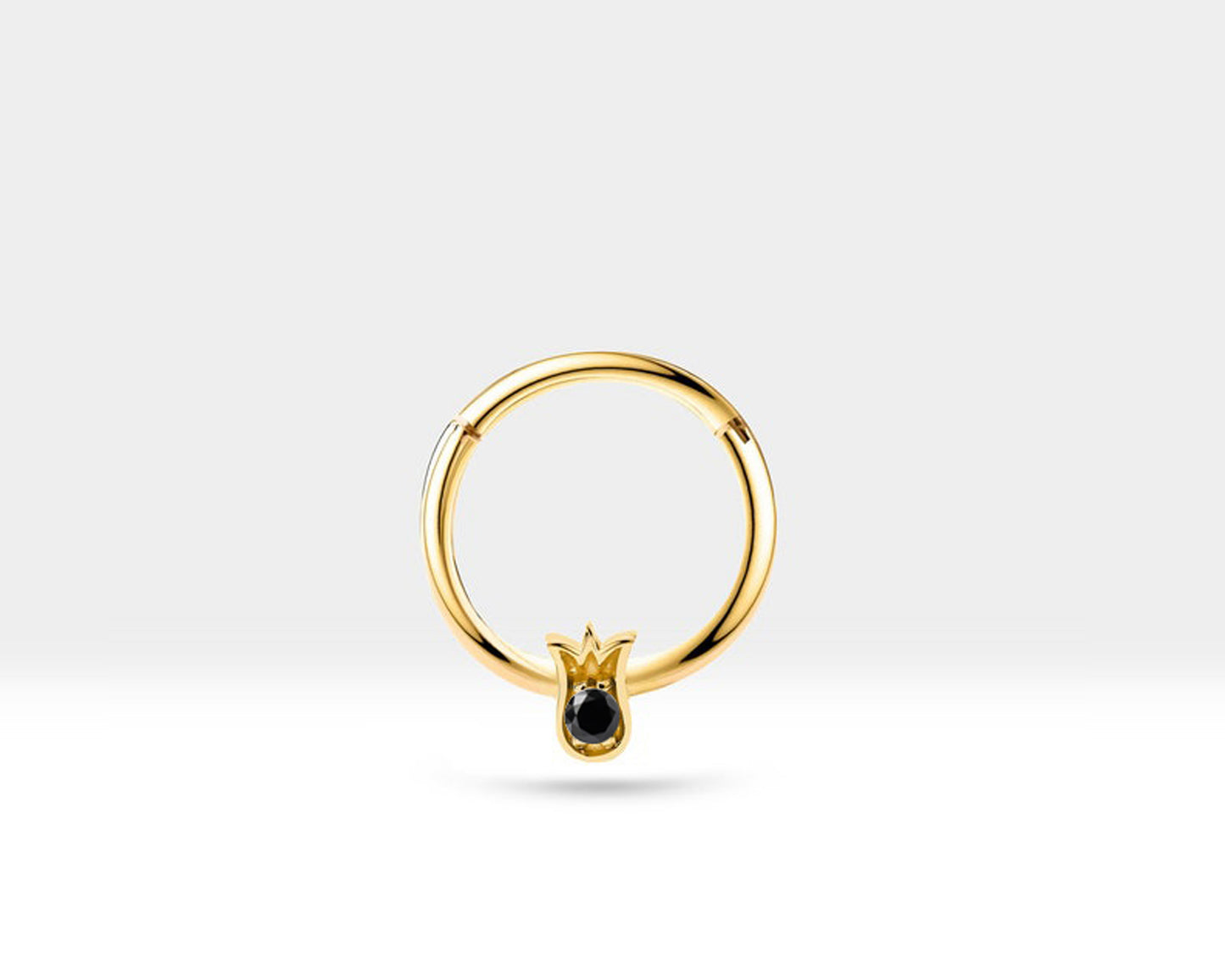 Cartilage Hoop,Round Cut Black Diamond Tulip Design Clicker,Single Earring,14K Solid Gold,16G