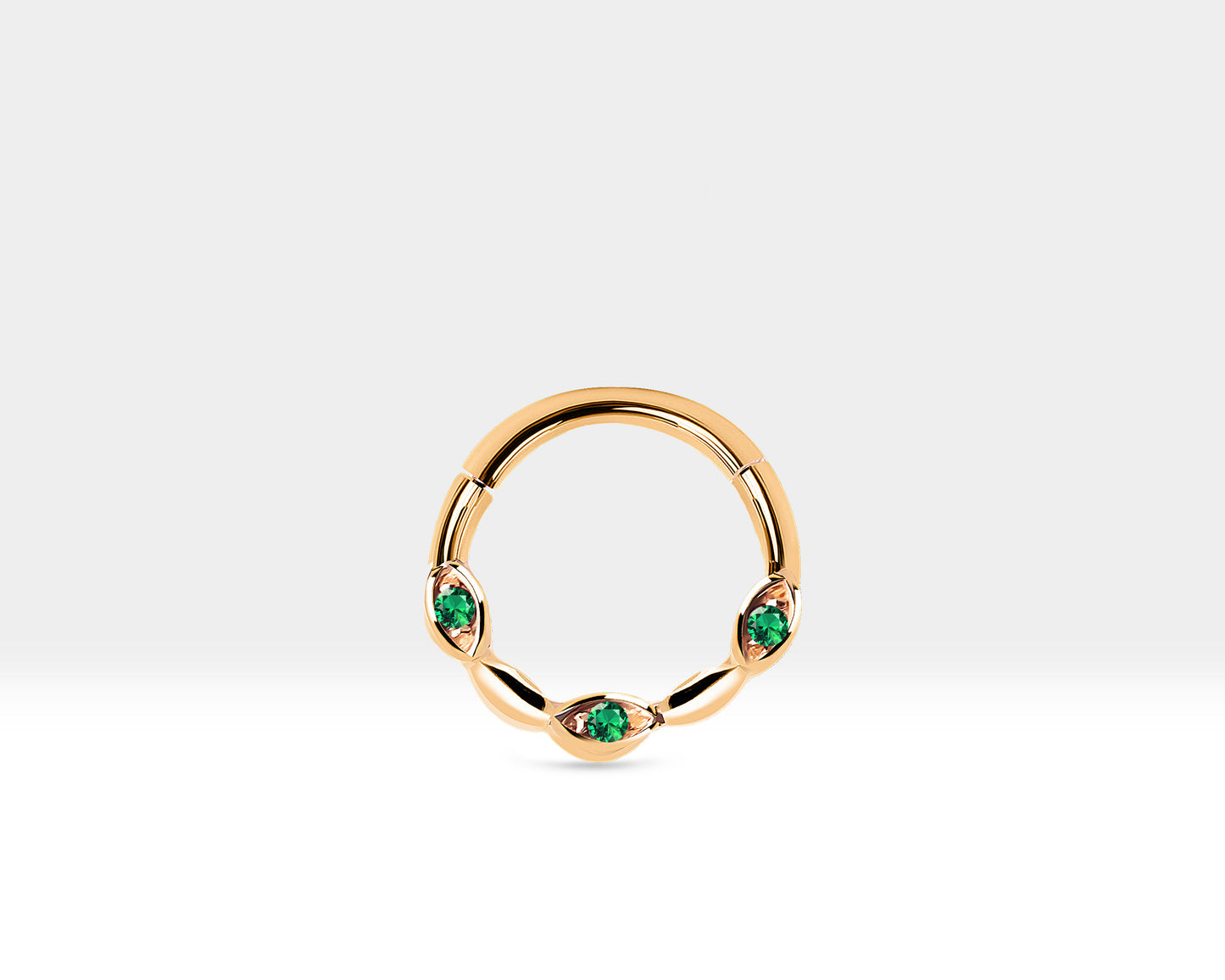 Cartilage Hoop with Three Round Cut Green Garnet Clicker Single Piercing in 14K Solid Gold 18G