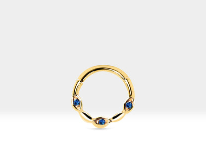 Cartilage Hoop with 3 Round Cut Sapphire Clicker Single Piercing in 14K Solid Gold 18G