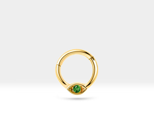 Cartilage Hoop,Round Cut Green Garnet Eye Design Clicker,Single Earring,14K Solid Gold,16G