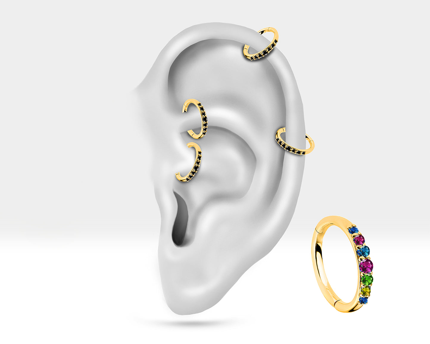 14K Yellow Solid Gold Hoop Clicker Piercing with Mix Sapphire Cartilage Single Piercing 16G