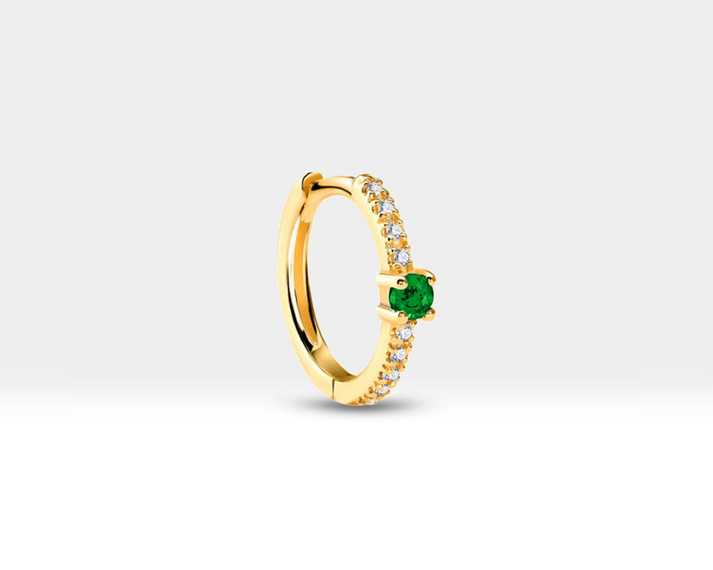 Huggies Earring, Round Cut Green Garnet and Diamond Hoop Earring ,14K Yellow Gold