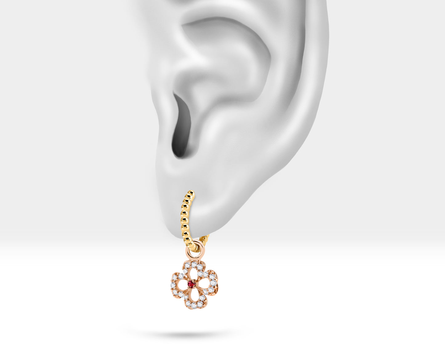 Dainty Flower Hoop Earrings,Diamond&Ruby Flower Dangle,14K Yellow Solid Gold,Beads Shank Hoop Earring