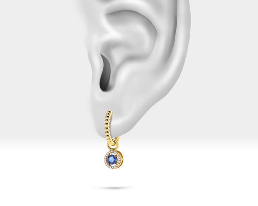 Dangle Earring,14K Yellow Solid Gold,Earlobe Hoop Earring,Beads Shank Hoop Earring