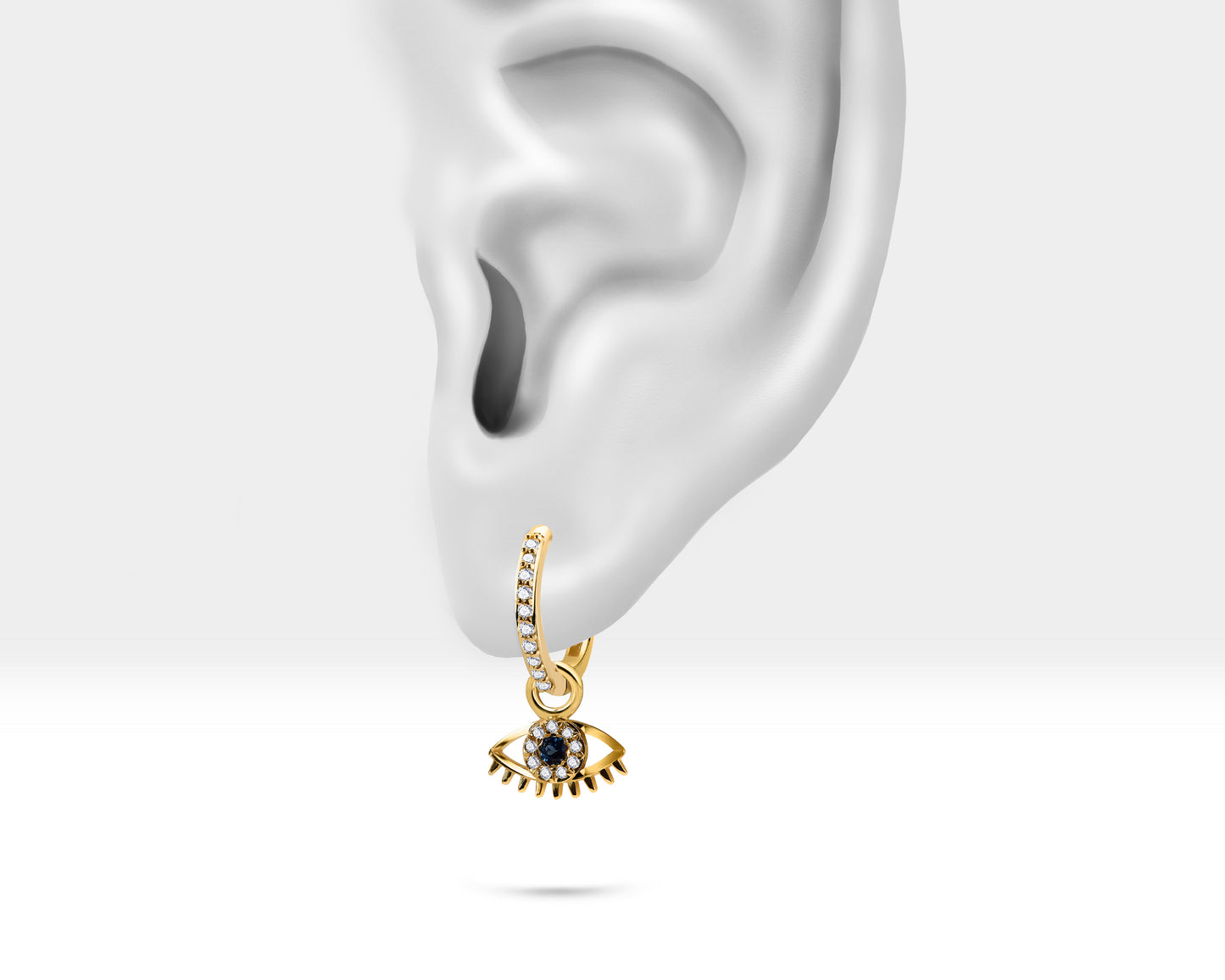 Evil Eye Earrings,Sapphire-Diamond Dangle Earring,14K Yellow Solid Gold,Micro Pave Eternity Shank Earring