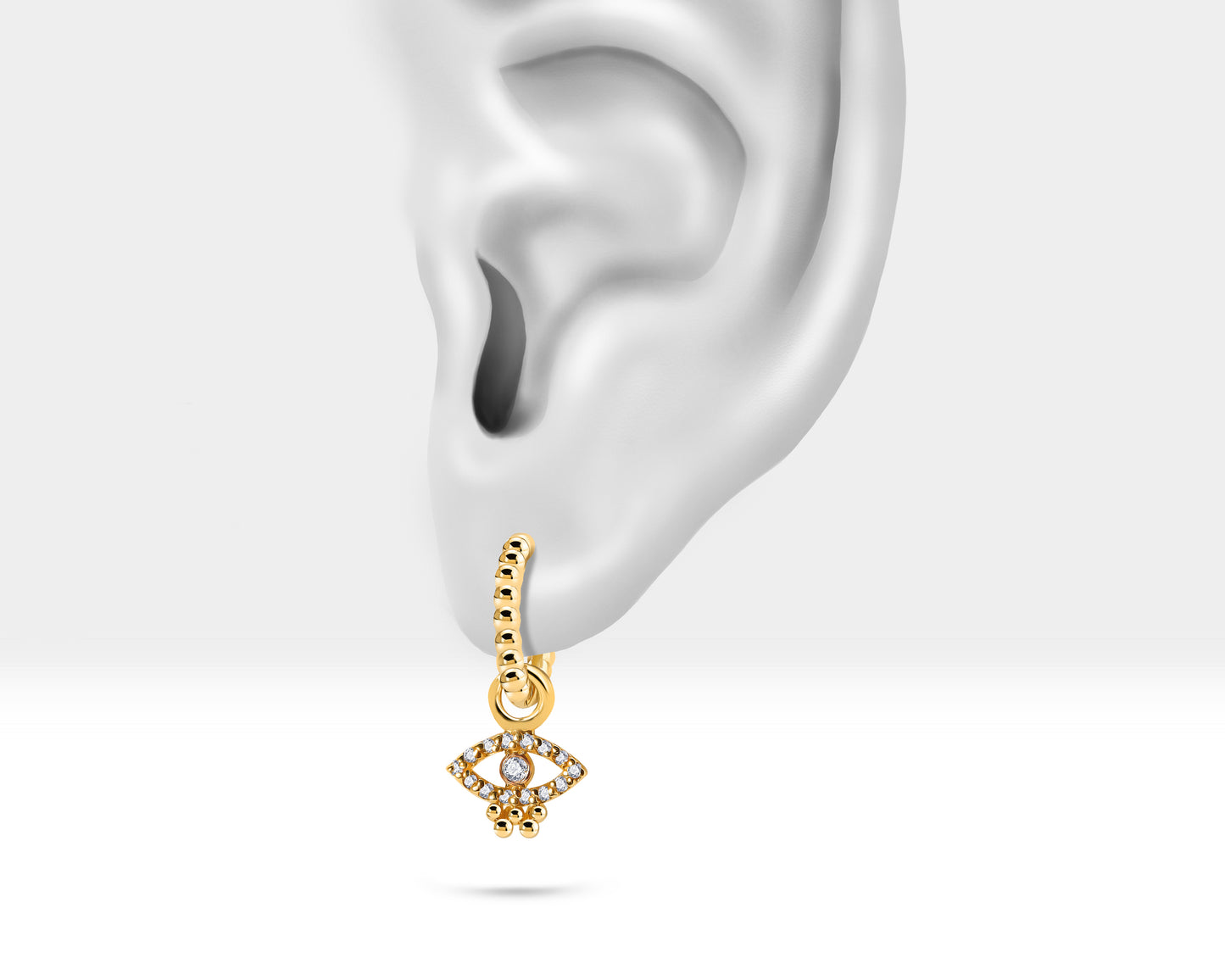 Evil Eye Earrings,Diamond Dangle Earring,14K Yellow Solid Gold,Small Helix Hoop,Minimalist Hoops