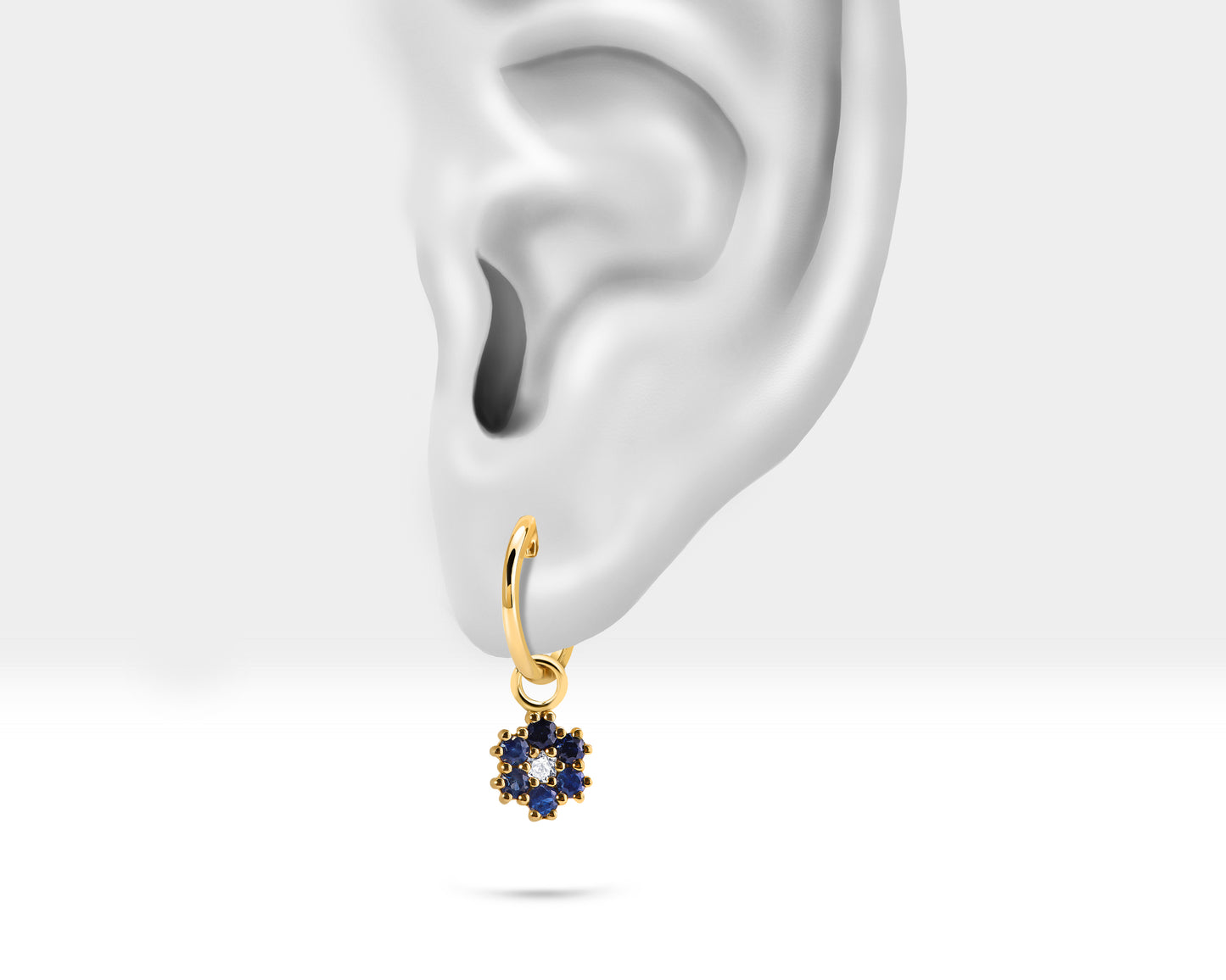 Dainty Flower Shaped Hoop Earrings,Sapphire&Diamond Flower Dangle,14K Yellow Solid Gold Earring