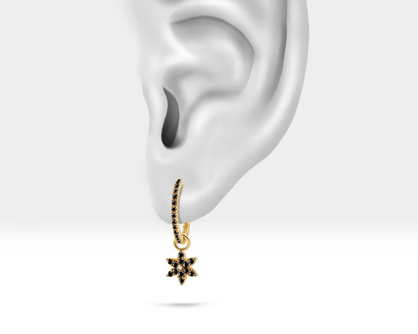 Huggie Hoop Earrings,Dangle Hoop Earrings,14K Yellow Solid Gold Star Design Black Diamond Earring