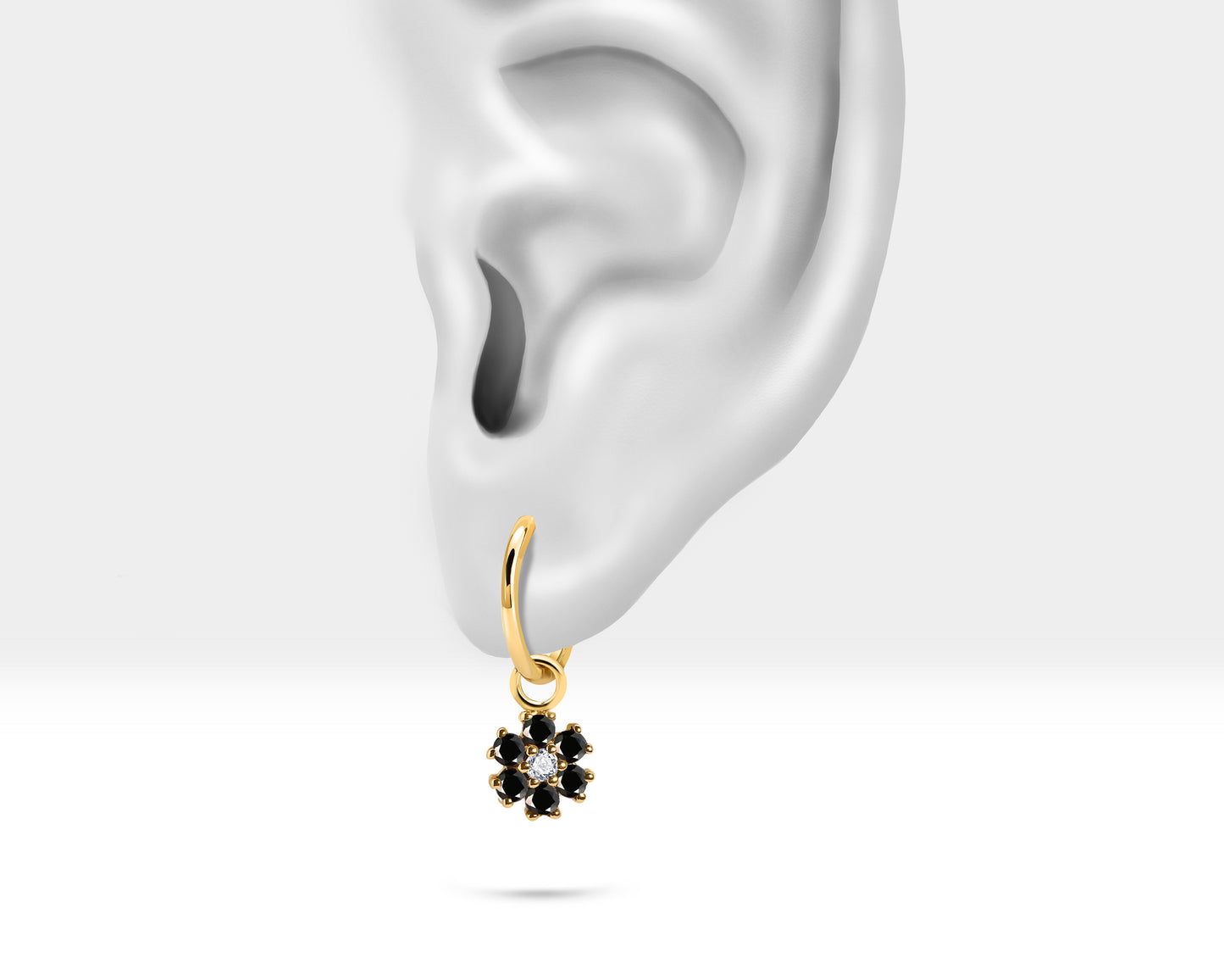 Hoop Earrings,Diamond&Black Diamond Flower Dangle,14K Yellow Solid Gold Earring