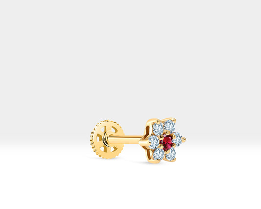 Cartilage Piercing,Flower Design Diamond with Ruby Piercing,14K Yellow Solid Gold