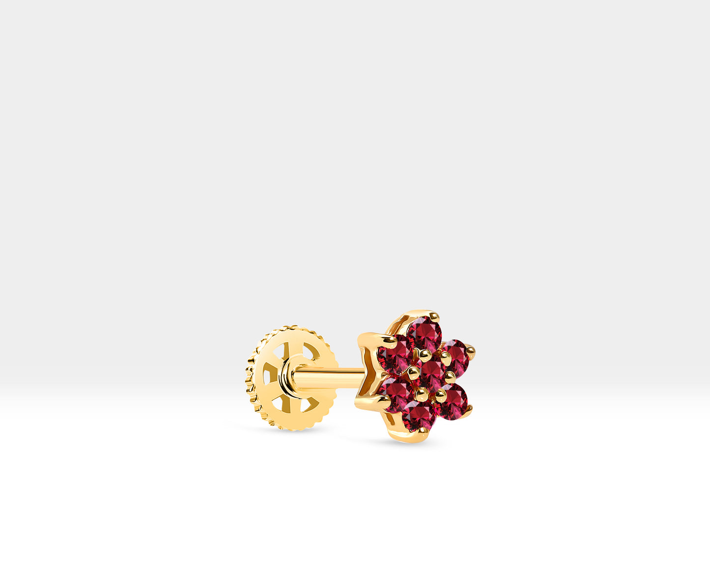 Cartilage Tragus Piercing,Flower Design Ruby Piercing,14K Yellow Solid Gold
