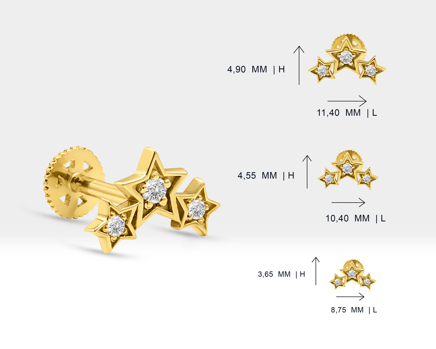 Triple Star Piercing with Diamond Screw Back Piercing in 14K Solid Gold Celestial Cartilage Piercing 16G(1.2mm)