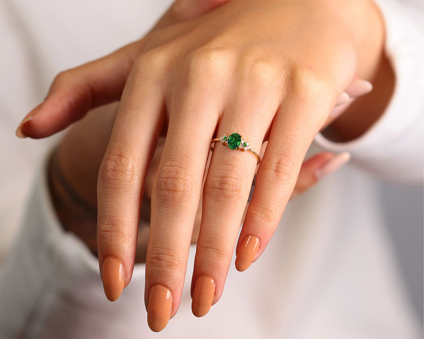 Multi Stone Ring in 14K Yellow Solid Gold Ring with Oval Cut Emerald with Cluster Setting Diamond Ring Dainty Gold Ring For Women