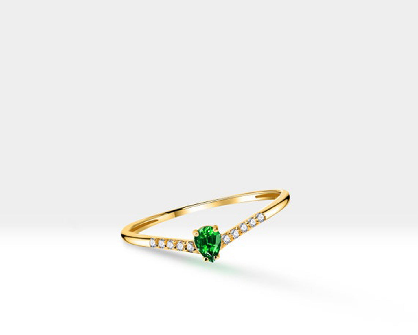 14K Yellow Solid Gold Ring,Chevron Shank Ring,Pear Cut Emerald Ring,Half Eternity